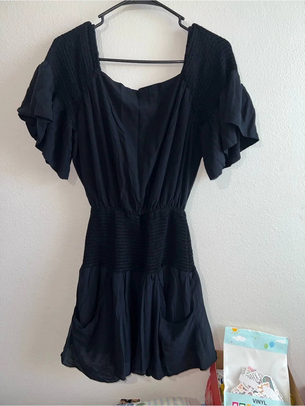 Free People Navy Blue Smocked-Waist Puff Sleeve Mini Dress
